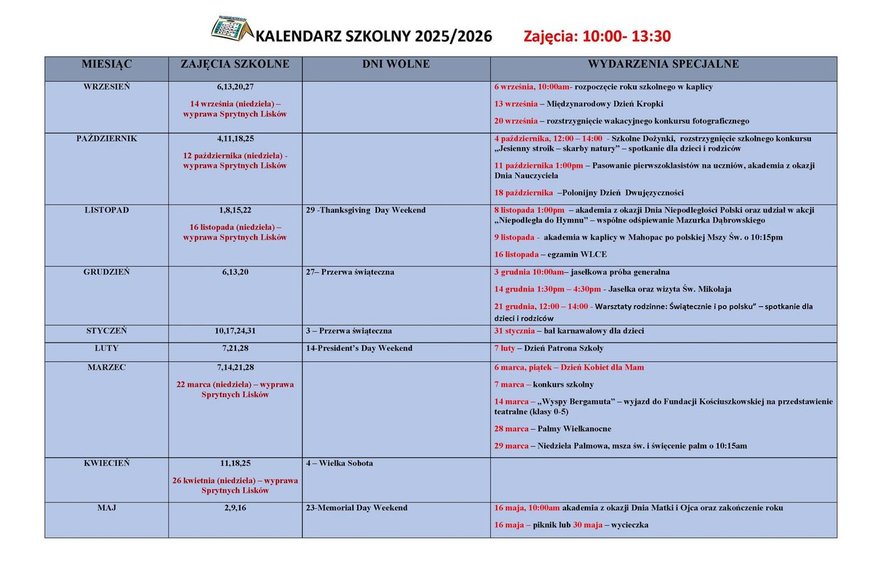 Harmonogram zajęć i wydarzeń może ulec zmianie. O wszelkich aktualizacjach szkoła będzie informować 