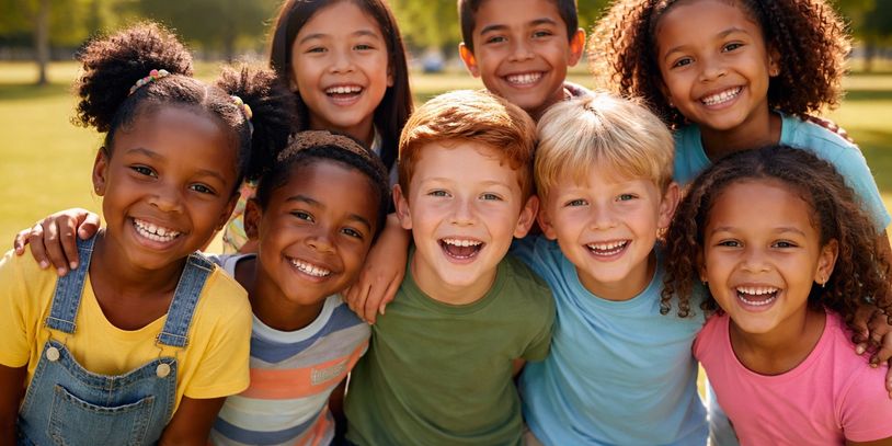 A group of eight diverse children smiling outdoors on a sunny day.