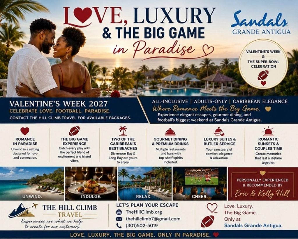 Valentine's Week 2027 luxury travel and football experience in paradise at Sandals Grande Antigua.