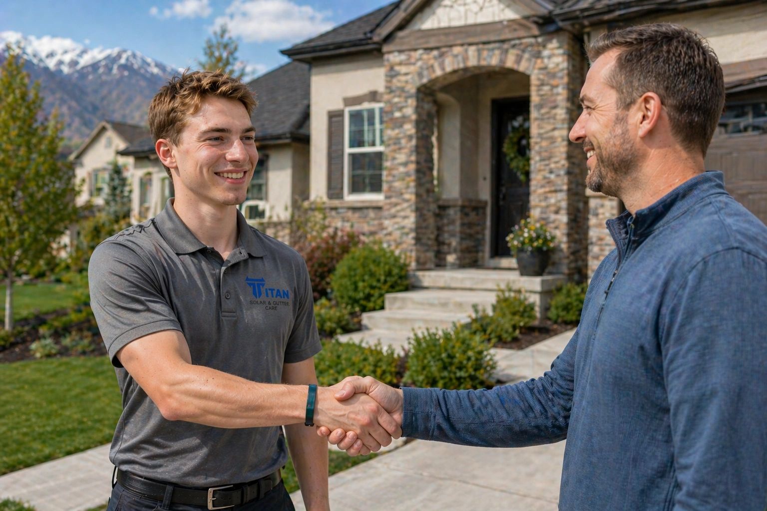 Solar panel cleaning and gutter cleaning professional shaking hands with a happy customer