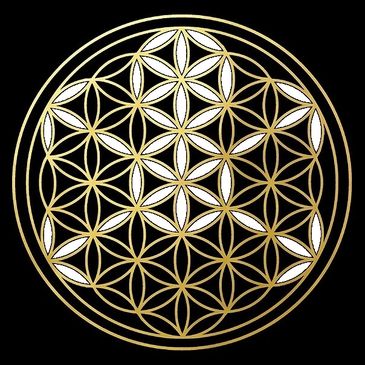 Golden geometric pattern with white highlights on black background.