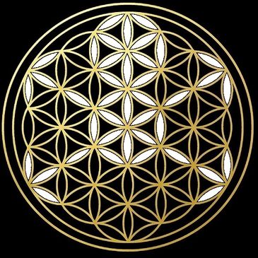 Golden geometric pattern with white highlights on black background.