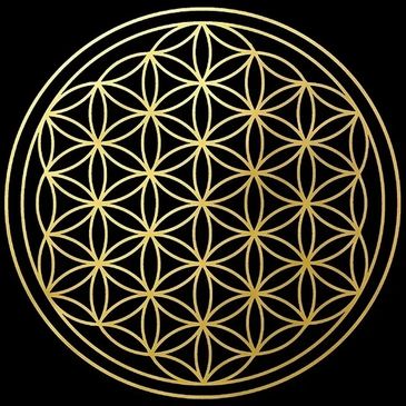 Golden flower of life geometric pattern on black background.