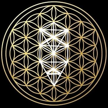 Golden geometric pattern resembling the Flower of Life with Metatron's Cube overlay.