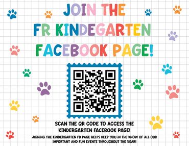 Colorful invitation to join the FR Kindergarten Facebook page with QR code.