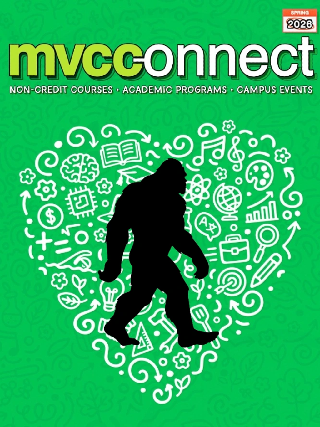 MVCCConnect Spring 2026 with Bigfoot silhouette and educational icons.