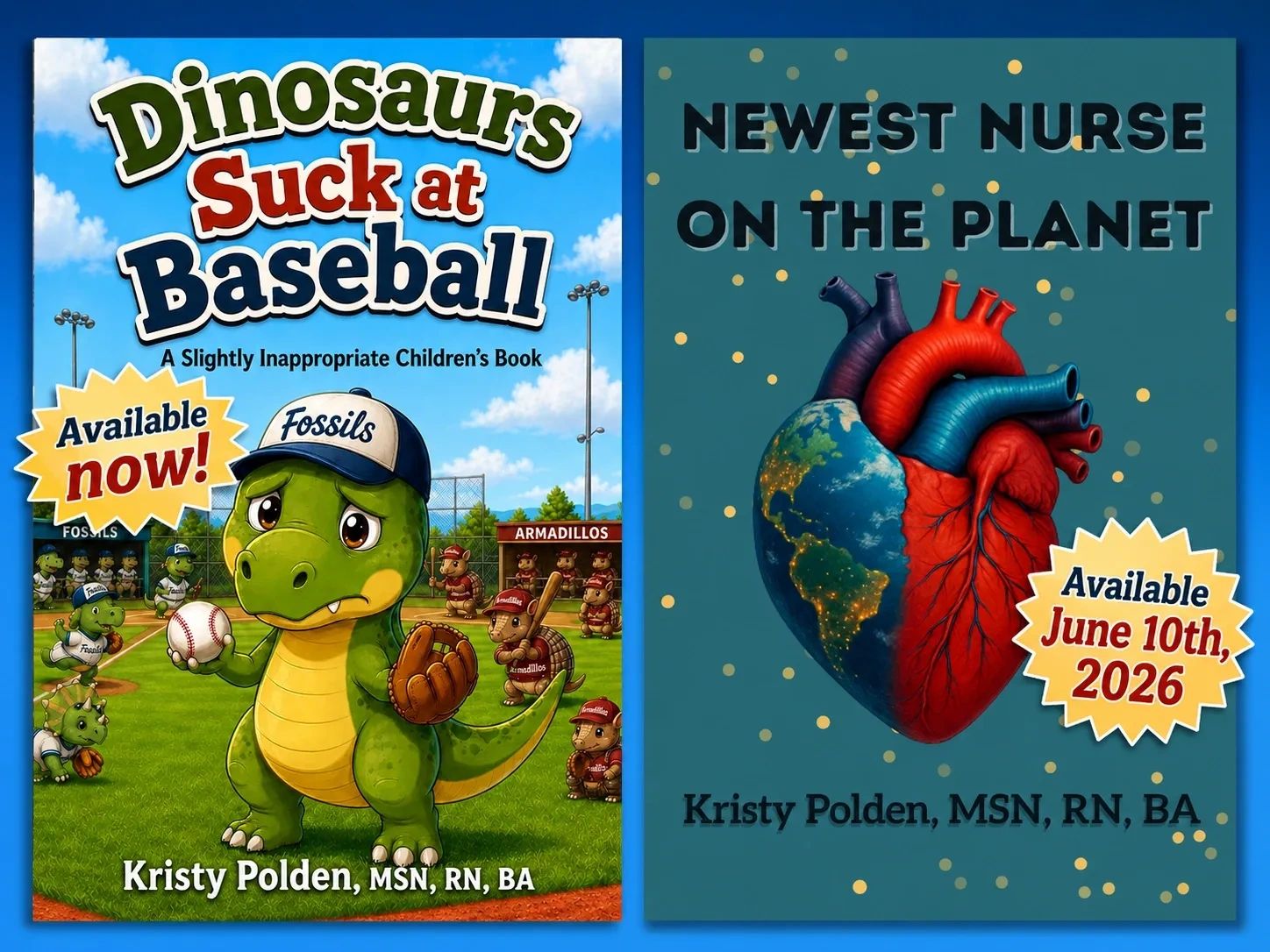 Book covers by Kristy Polden showing a dinosaur baseball scene and a heart-earth illustration.