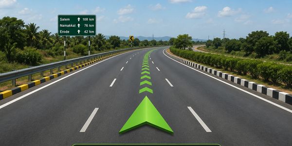 Empty highway with distances to Salem, Namakkal, and Erode.