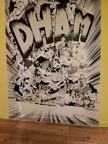 Black and white comic-style mural with the word 'DHAM' and a crowd of people falling.