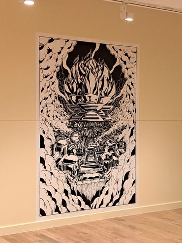 Black and white intricate wall art featuring a futuristic cityscape and abstract flame shapes.