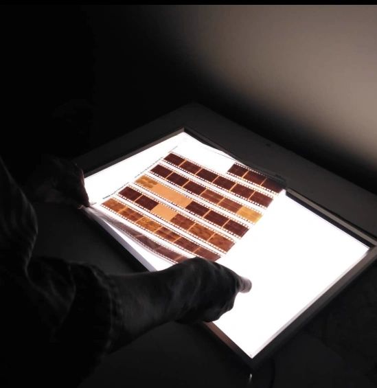 Person examining photographic film negatives on a lightbox.