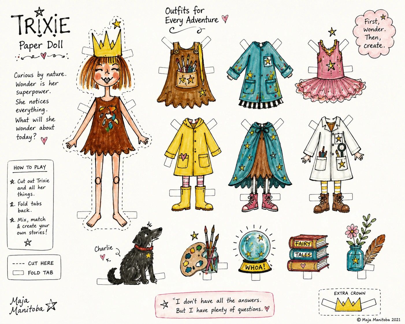 Trixie paper doll with outfits and accessories.