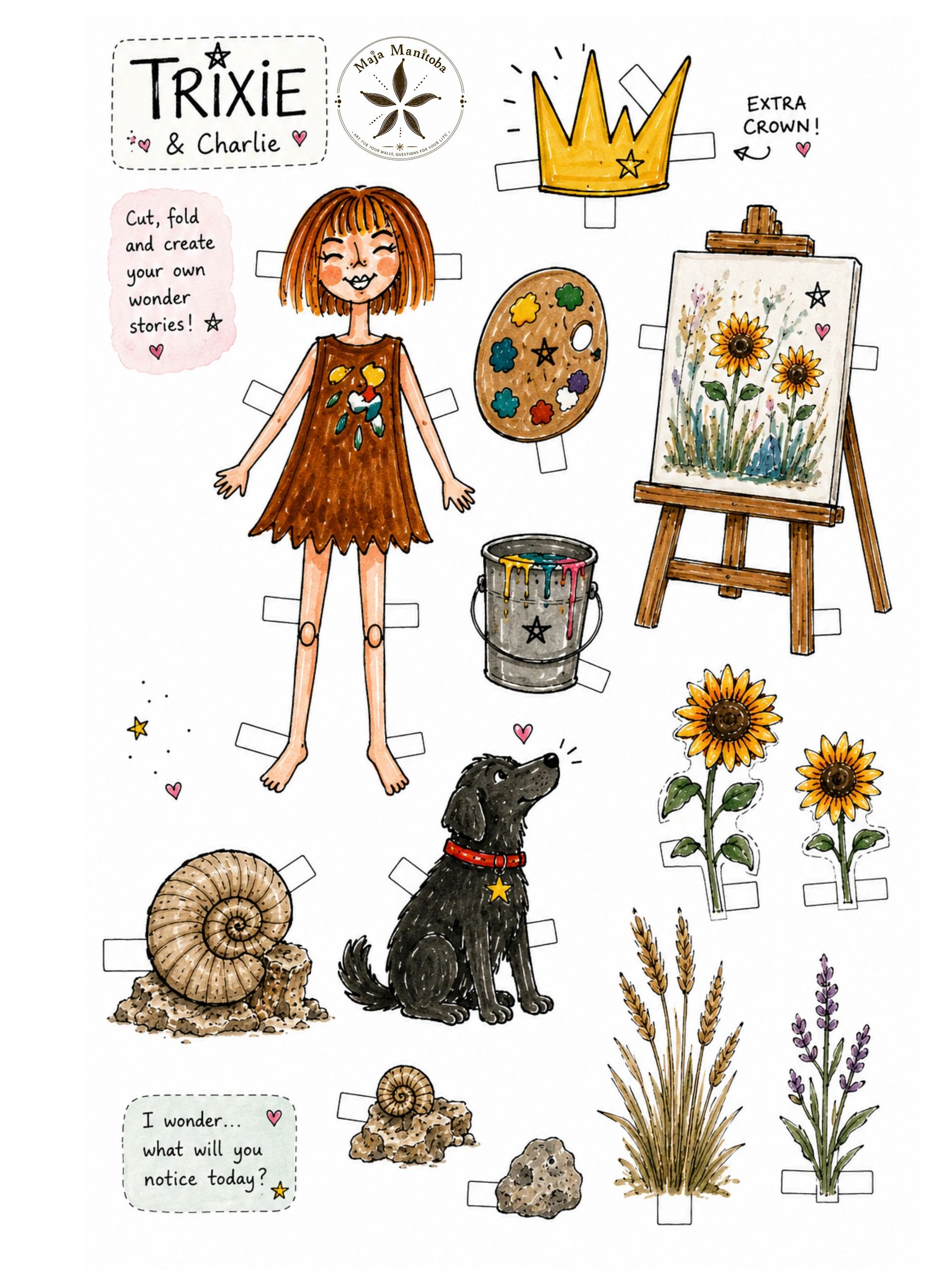 Cut-out paper doll and nature illustrations for creative storytelling.