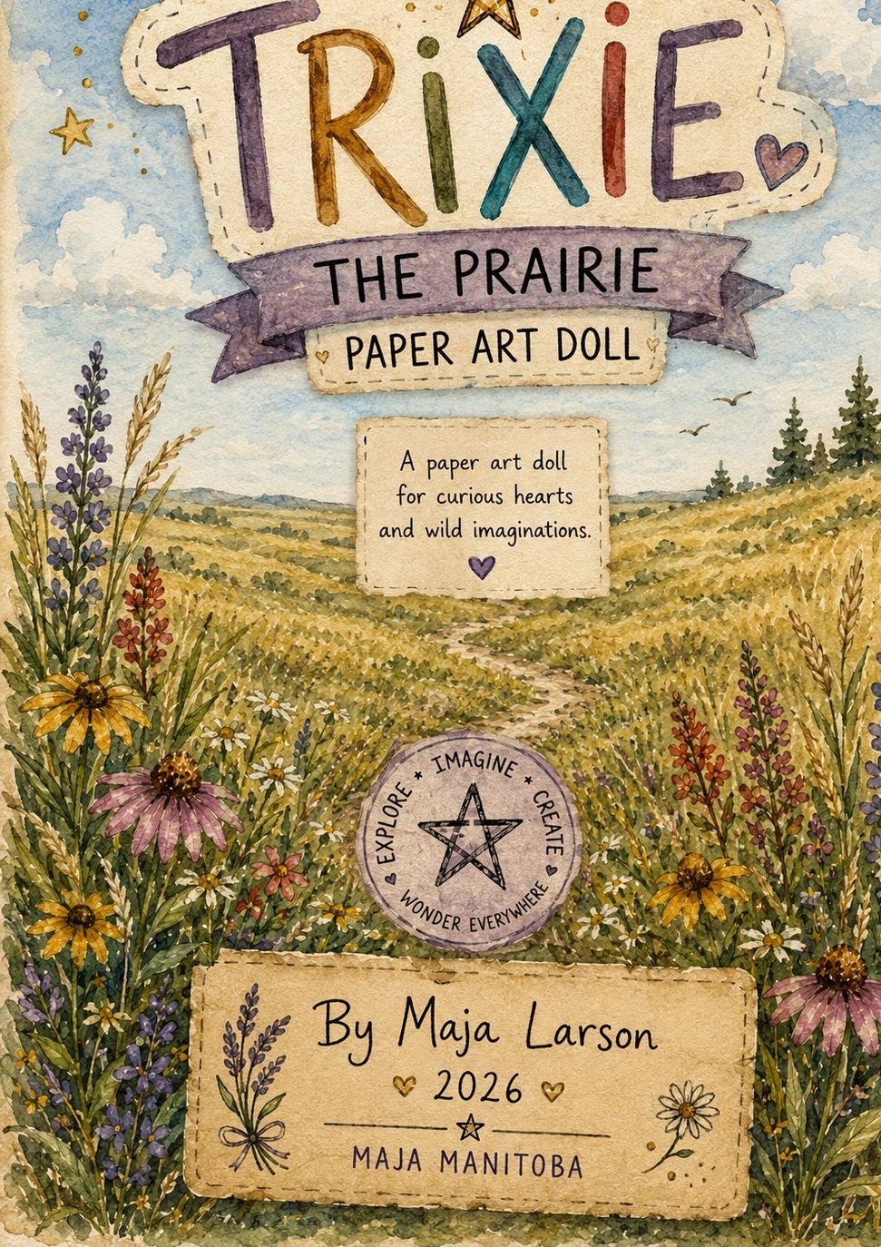 Cover of a prairie paper art doll book illustrated with flowers and fields.