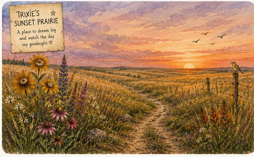 Trixie's Sunset Prairie with flowers and a setting sun.
