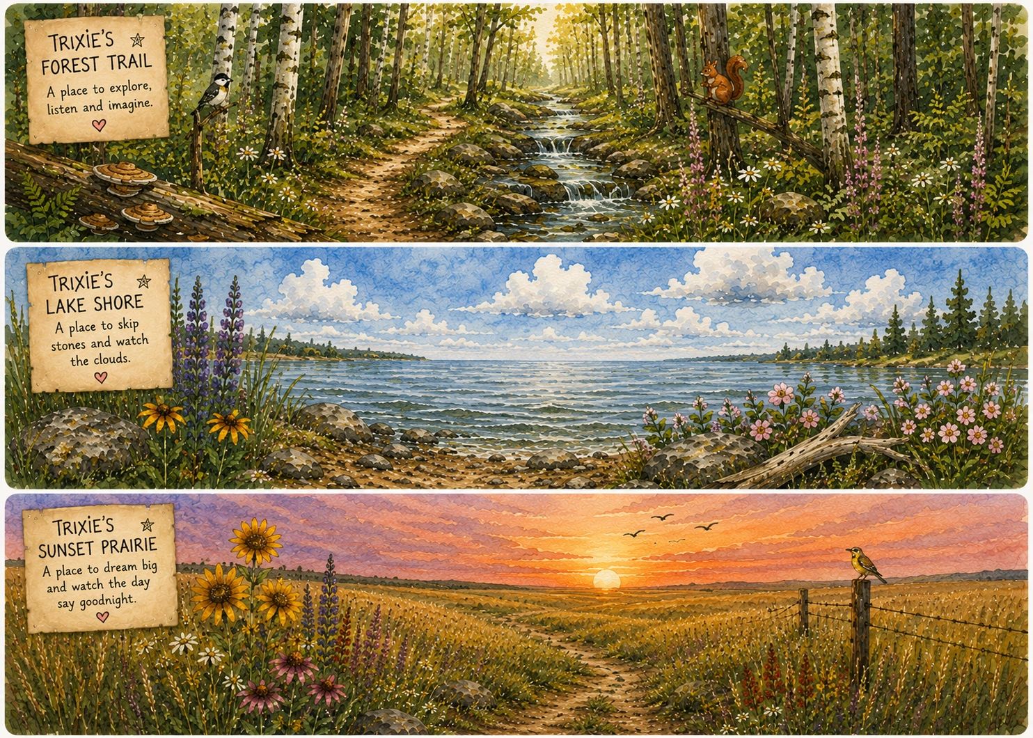 Three serene nature scenes with signs describing each location.