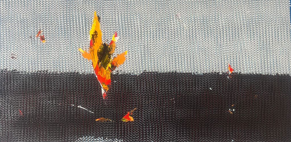 Abstract painting with fiery orange and yellow shapes on a textured black and gray background.