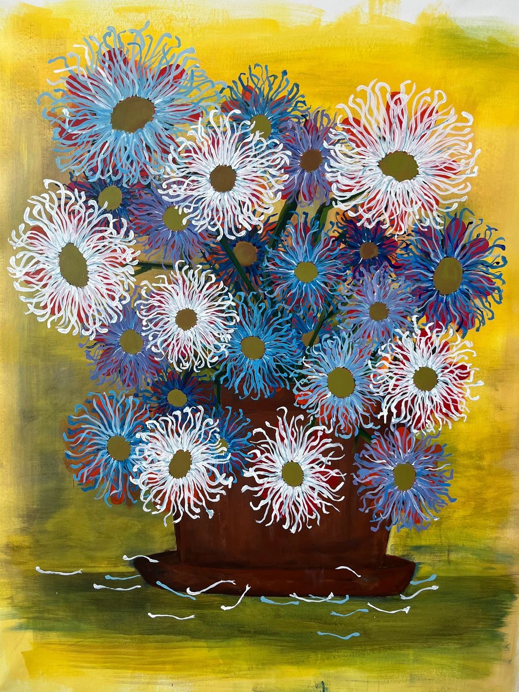 Abstract painting of blue and white flowers in a brown vase against a yellow background.