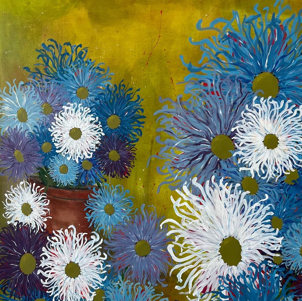 Abstract painting of blue and white flowers against a yellow-green background.