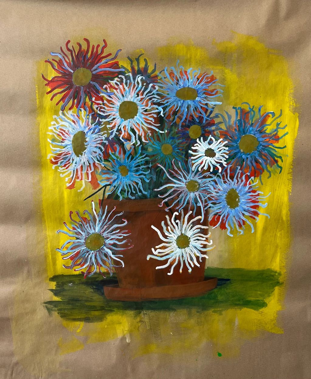 Abstract flowers in a brown pot with vibrant colors on a yellow background.