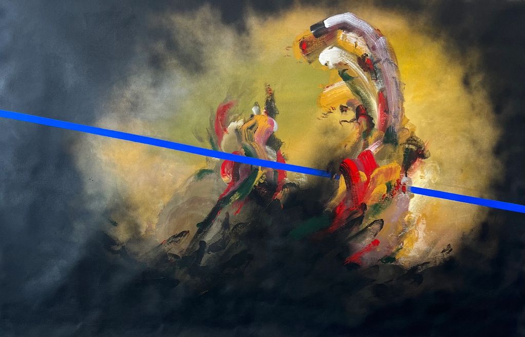 Abstract painting with bold colorful strokes and a striking blue diagonal line.