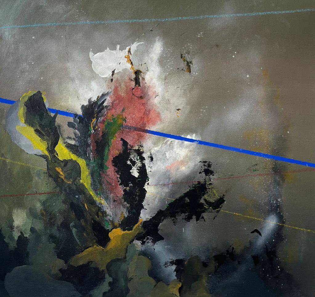 Abstract painting with dark shapes, bright colors, and blue lines on a muted background.
