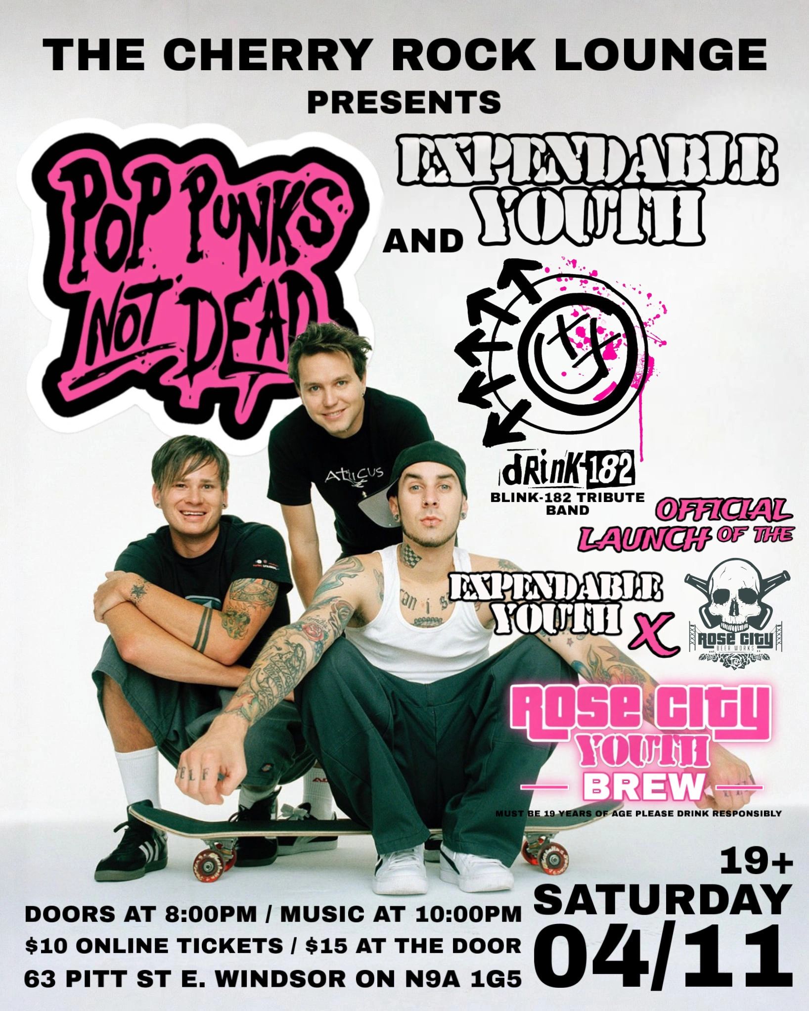 Concert poster featuring Pop Punks Not Dead, Expendable Youth, and Drink-182 tribute band.
