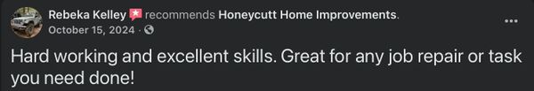 Positive customer review praising hardworking and skilled home improvement service.