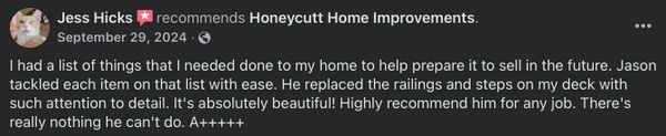 A positive Facebook review recommending Honeycutt Home Improvements for excellent home repair work.