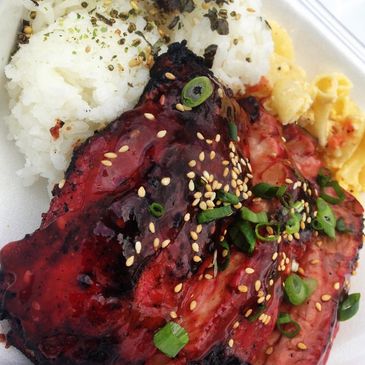 Grilled char siu pork ribs with Mac salad and rice 