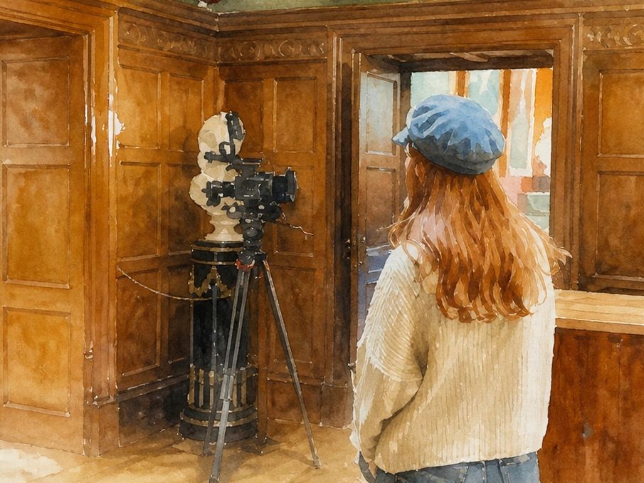 Woman in a blue beret observes a vintage camera in a wooden-paneled room.