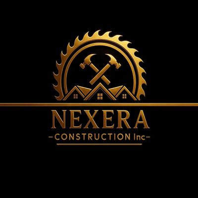Golden logo for Nexera Construction featuring crossed hammers and rooftops.