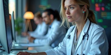 Focused female doctor working on computer in a medical office.