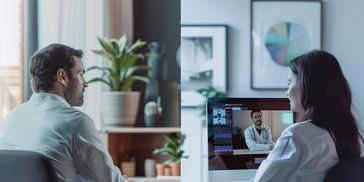 Doctors consulting through a video call in a modern office setting.