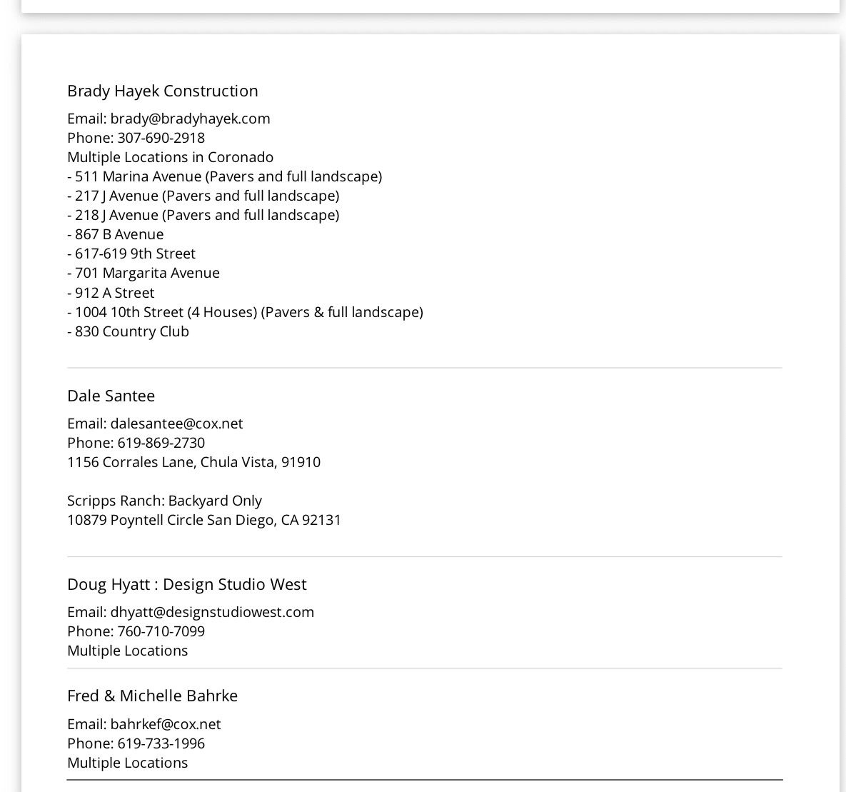 List of construction and design service contacts with locations and emails.