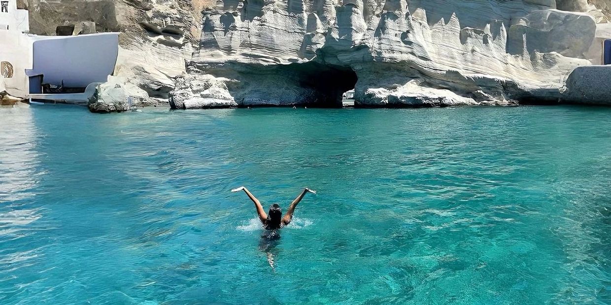 Person swimming in clear blue water near rocky cliffs.