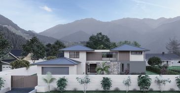 Modern two-story house with mountain backdrop and landscaped yard.