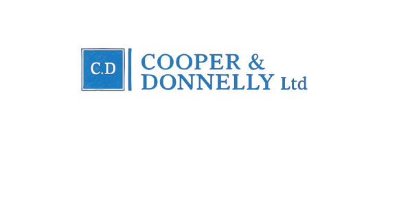Blue logo of Cooper & Donnelly Ltd on a black background.