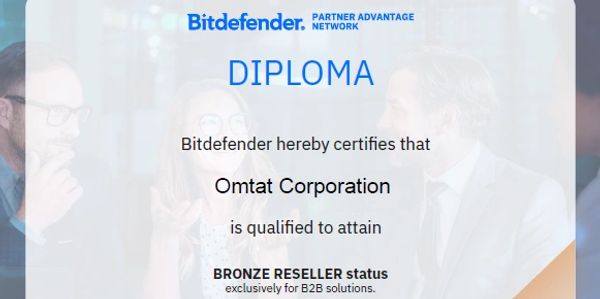 Diploma certifying Omtat Corporation as a Bronze Reseller for Bitdefender B2B solutions.