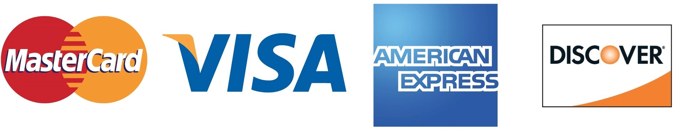 Logos of major credit card companies: MasterCard, Visa, American Express, and Discover.