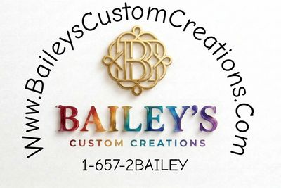 Logo for Bailey's Custom Creations with colorful text and contact info.