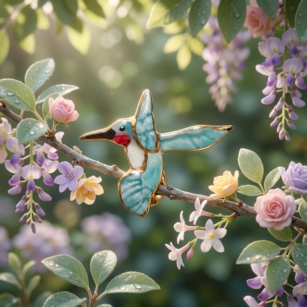 Colorful hummingbird pin perched on a flower-filled branch with morning dew.