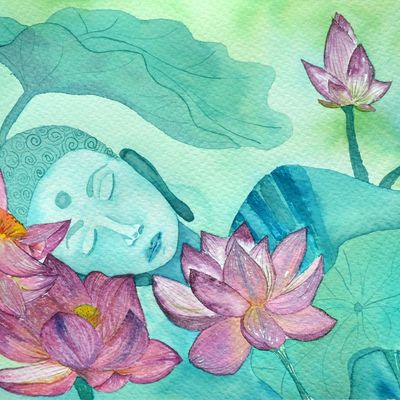 Ein Aquarell von meditierendem Buddha und Lotusblumen.