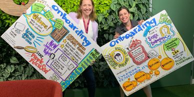 Happy clients holding up graphic facilitation from a recent workshop