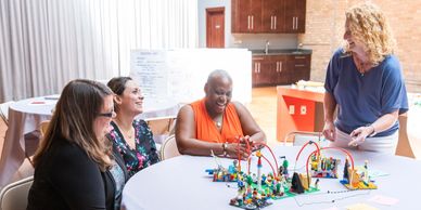 Participants in a workshop discussing a LEGO® model.