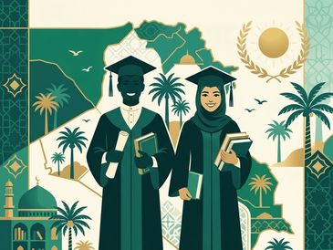 Illustration of diverse graduates in traditional attire with educational symbols.