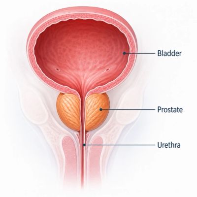 Diagram of the male urinary system showing bladder, prostate, and urethra.