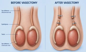 Diagram showing male reproductive system before and after vasectomy.