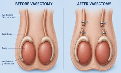 Diagram illustrating male reproductive anatomy before and after vasectomy.