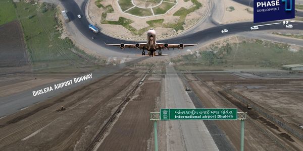 Airplane landing at Dholera International Airport runway during phase 1 development.